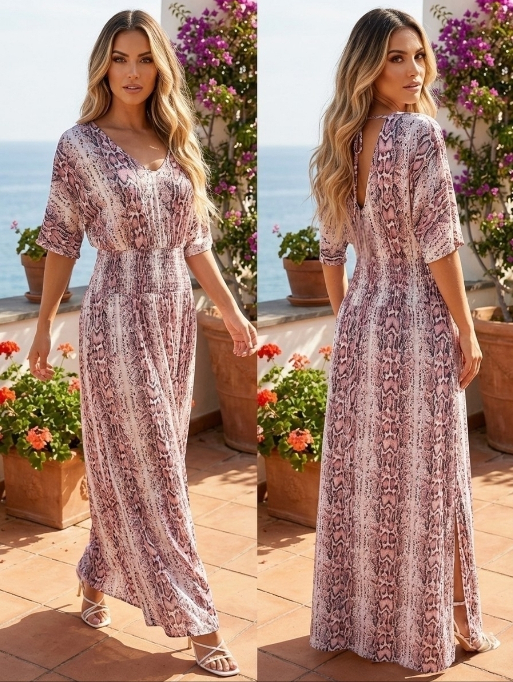 Hazel Blues Maxi Dress XL White Pink Snakeskin Print Lower Side Slits Tie Back